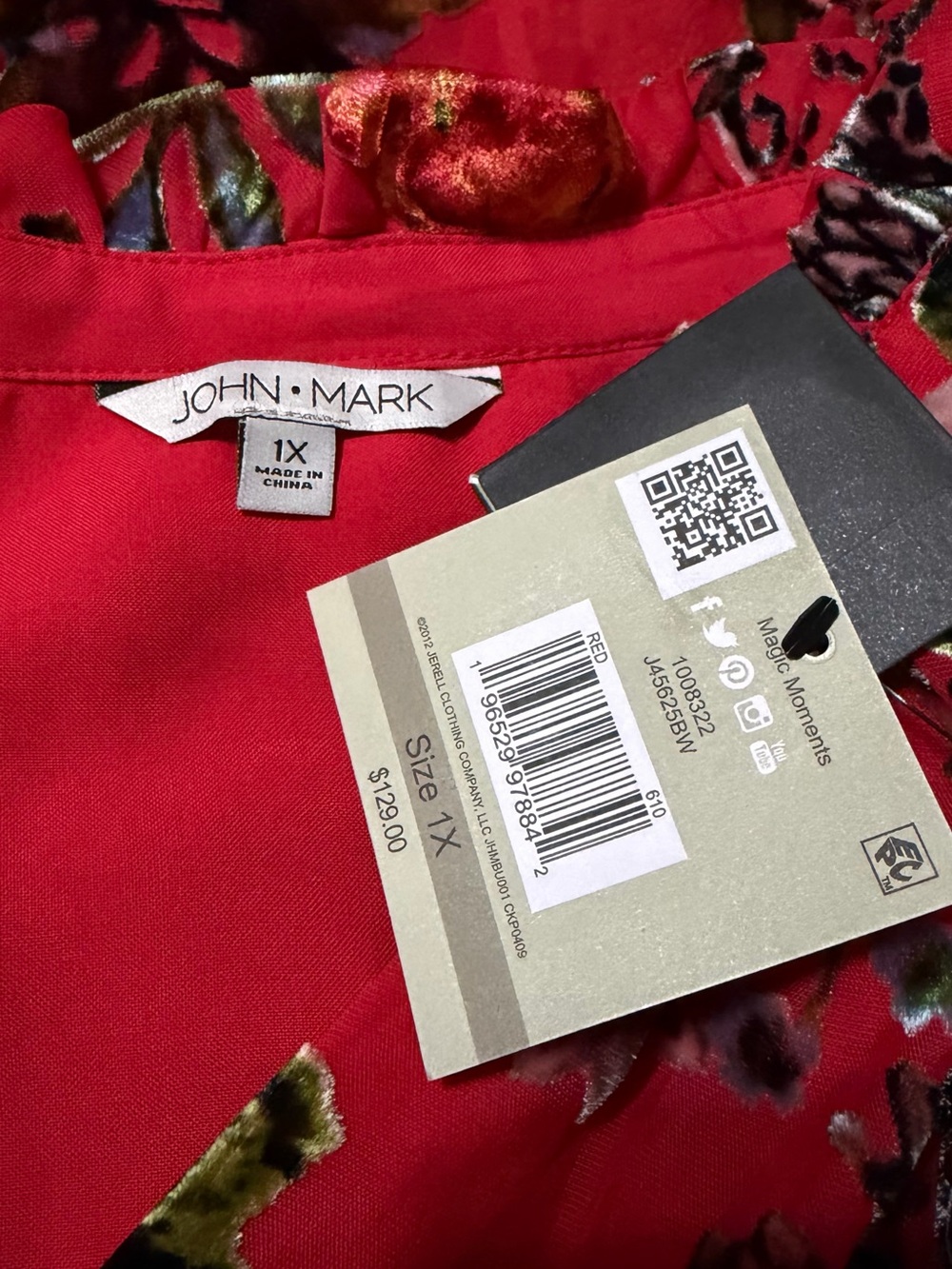 NWT John Mark Magic Moments Plus 1X Red Floral Burnout Velvet Button Blouse Boho - Picture 13 of 13